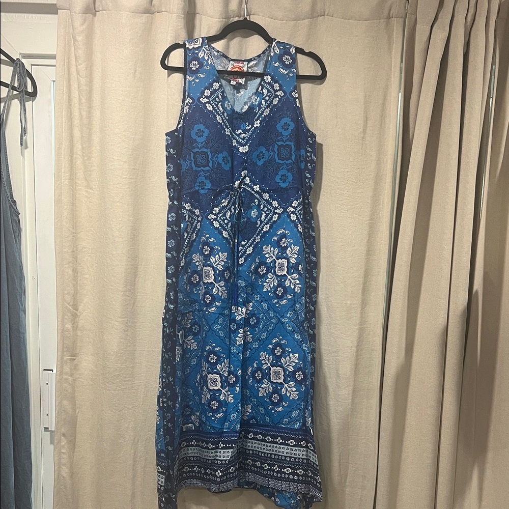 Johnny Was Blue Floral Sleeveless Midi Dress